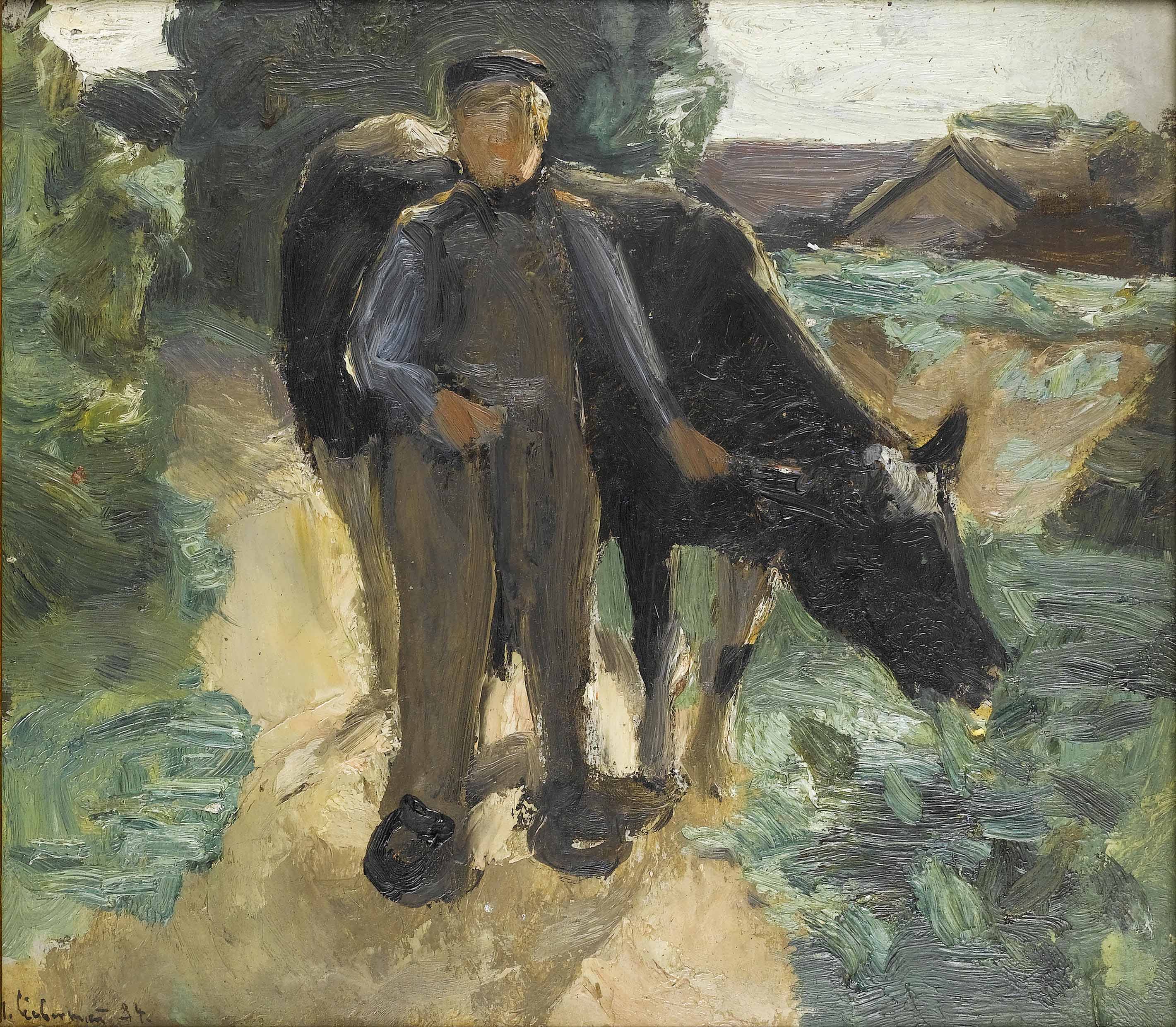 A farmer with his cow